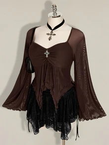 SHEIN ICON Women's Plus Size Mesh Asymmetrical Hem Top Fall - Brown - View 9