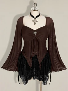 SHEIN ICON Women's Plus Size Mesh Asymmetrical Hem Top Fall - Brown - View 3