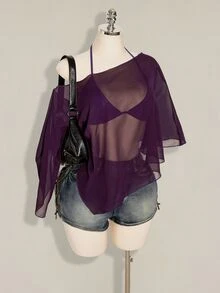 SHEIN ICON 大尺碼雪紡外套與三角罩杯綁帶背心 2件組女款上衣 - 紫色 - 查看 8