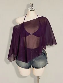 SHEIN ICON 大尺碼雪紡外套與三角罩杯綁帶背心 2件組女款上衣 - 紫色 - 查看 3