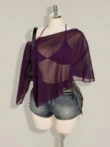 SHEIN ICON 大尺碼雪紡外套與三角罩杯綁帶背心 2件組女款上衣 - 紫色 - 查看 9