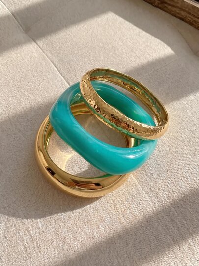 Resyla 3 Peças Conjunto de Pulseiras de Resina, Pulseiras Bangle Grossas de Metal com Cores Mistas de Turquesa, Estilo Empilhável Adequado para Primavera/Verão