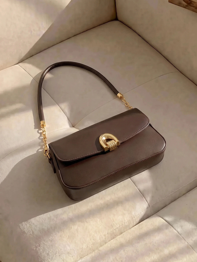 Resyla Fashionable Solid Color Metal Decor Multi-Functional Underarm Shoulder Bag, Suitable For Shopping,