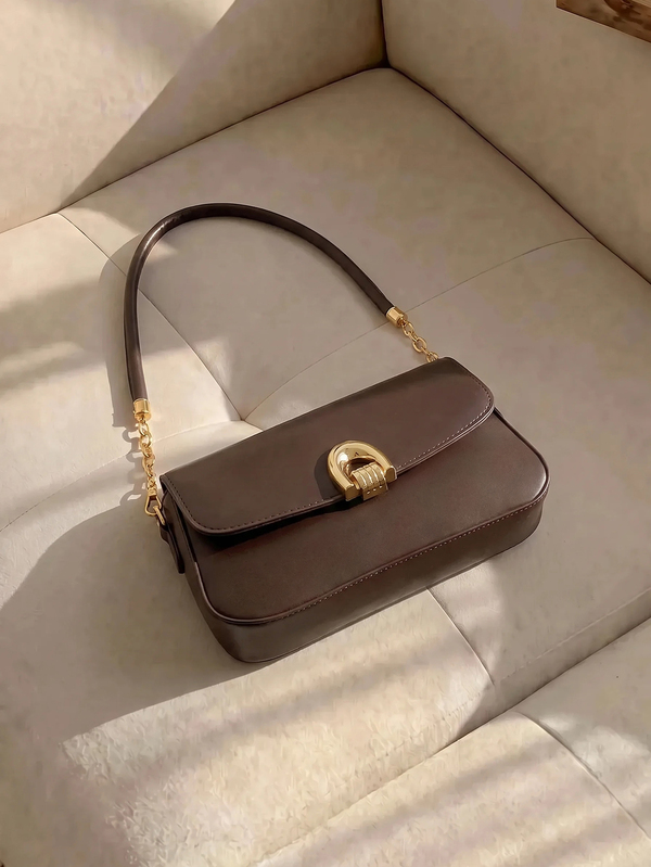 Resyla Fashionable Solid Color Metal Decor Multi-Functional Underarm Shoulder Bag, Suitable For Shopping,