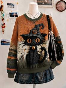 Lalippa Women's Regular Fit Christmas Cat Digital Print Crew Neck Sweatshirt - Multicolor - View 3