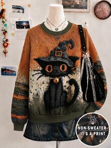 Lalippa Women's Regular Fit Christmas Cat Digital Print Crew Neck Sweatshirt - Multicolor - View 1