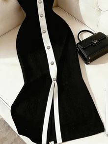 Franclia 女士夏季度假套装，修身舒适优雅派对中长连衣裙，百搭实用夏季度假装，开衩针织吊带裙 - 黑色 - 查看 5