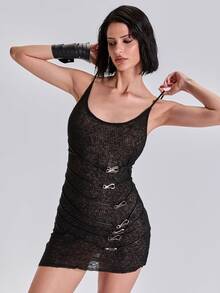 ROMWE Vestido mini ajustado con tirantes finos y hebilla, estilo rock milenario Y2K, para verano/primavera - Negro - Ver 6