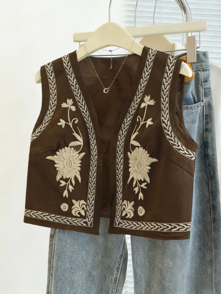 Franclia Women's Casual Floral Embroidered V-Neck Vest Jacket, Autumn - Brown - View 4
