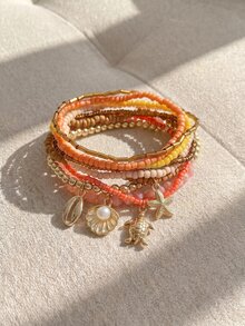 Resyla 9pcs Summer New Casual Vacation Style Turtle, Starfish, Faux Pearl Shell Pendant Beaded Elastic Bracelet Set, Suitable For Beach, Travel, Party, Date, Outing, Daily Wear - Shell + Starfish + Turtle - View 15