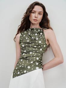 SHEIN 女款修身顯瘦不對稱下擺紋理緞面扣肩掛脖無袖優雅70年代復古綠色波點兩件式早午餐夏季套裝 - 軍綠色 - 查看 4