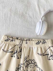 Playful Pals 2件組幼兒男童運動衫長褲套裝，可愛奶油色恐龍印花，羅紋長袖圓領，休閒校園秋季慢跑工裝風，舒適彈性腰頭 - 杏色 - 查看 7