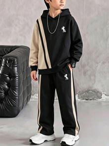 SHEIN Coolqubz 青少年男孩2件套套裝，極簡馬匹不對稱拼色連帽衛衣與側條紋運動長褲運動服套裝，秋季穿搭 - 彩色 - 查看 2