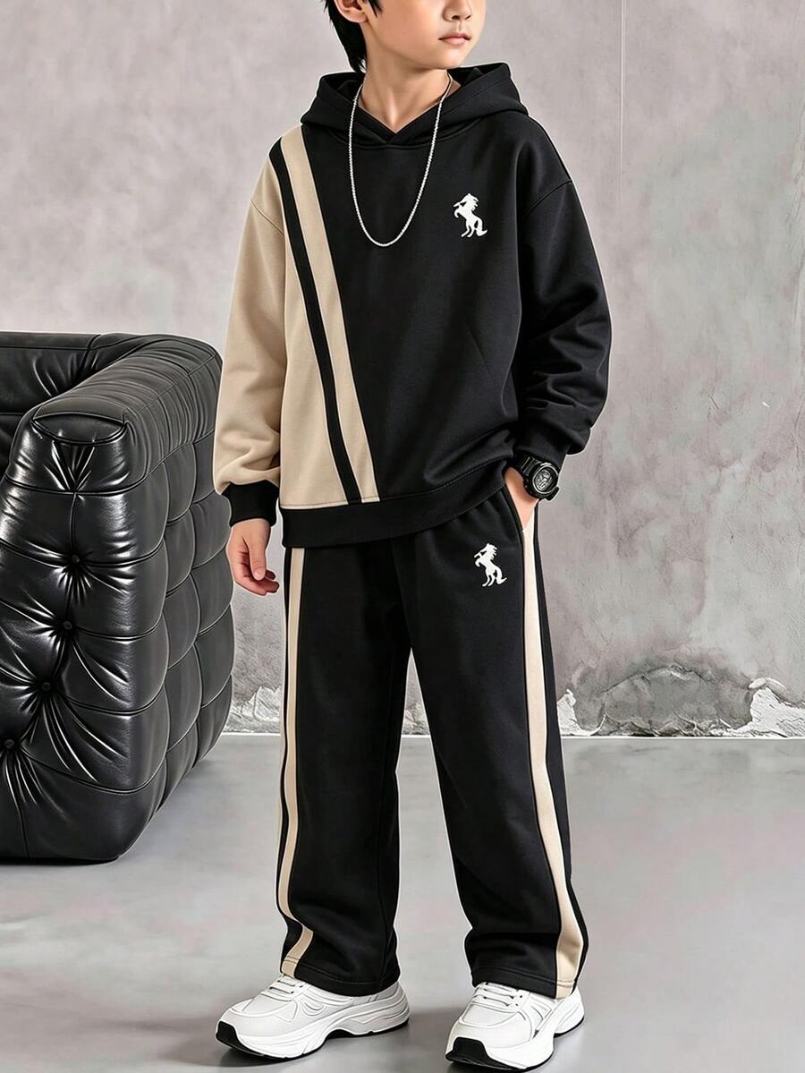 SHEIN Coolqubz 青少年男孩2件套套裝，極簡馬匹不對稱拼色連帽衛衣與側條紋運動長褲運動服套裝，秋季穿搭