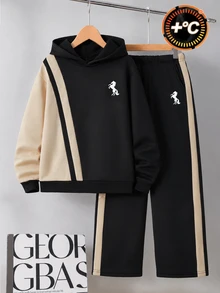 SHEIN Coolqubz 青少年男孩2件套套裝，極簡馬匹不對稱拼色連帽衛衣與側條紋運動長褲運動服套裝，秋季穿搭 - 彩色 - 查看 3