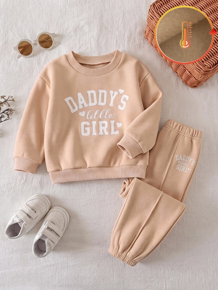 SHEIN Baby Girl Kids Knitted Casual Daily Fashion Crew Neck Khaki Letter Print Loose Sweatshirt & Sweatpants 2 Pieces Set - Multicolor - View 1