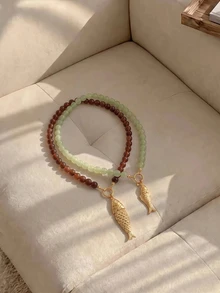 Resyla Stainless Steel Fish Pendant Necklace, Blue Green Beaded Vacation Style Necklace - Beaded Necklace - View 9