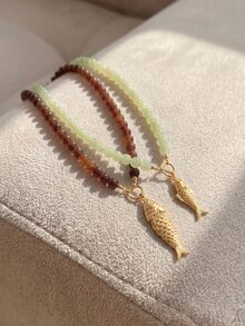 Resyla Stainless Steel Fish Pendant Necklace, Blue Green Beaded Vacation Style Necklace - Beaded Necklace - View 8
