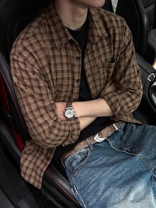 STEELVANCE 男士小格紋長袖襯衫，單口袋經典款，適合正式或休閒場合，休閒度假、聚會、簡約辦公，居家穿搭百搭，適合自用或送禮給朋友，熱銷舒適面料襯衫 - 彩色 - 查看 4