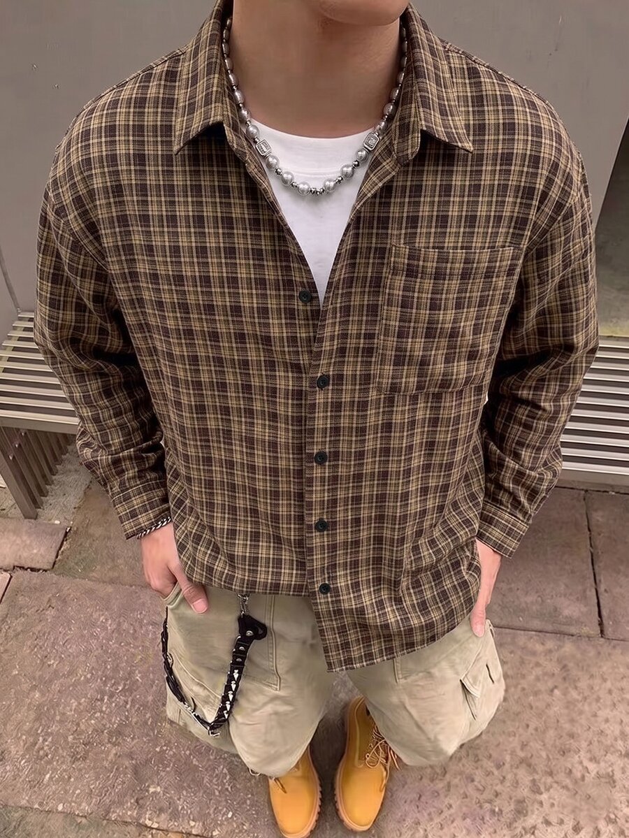 STEELVANCE 男士小格紋長袖襯衫,單口袋經典款,適合正式或休閒場合,休閒度假、聚會、簡約辦公,居家穿搭百搭,適合自用或送禮給朋友,熱銷舒適面料襯衫 - 彩色 - 查看 1