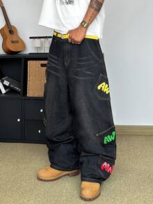 STEELVANCE Streetwear Retro Fashion Versatile Distressed Washed Cat Whisker Multi-Pocket Print Design Loose Straight Wide Leg Casual Denim Jeans (Belt And Accessories Not Included) - Black - View 5