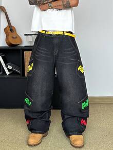 STEELVANCE Streetwear Retro Fashion Versatile Distressed Washed Cat Whisker Multi-Pocket Print Design Loose Straight Wide Leg Casual Denim Jeans (Belt And Accessories Not Included) - Black - View 2