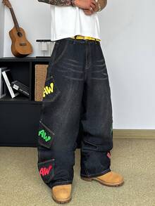 STEELVANCE Streetwear Retro Fashion Versatile Distressed Washed Cat Whisker Multi-Pocket Print Design Loose Straight Wide Leg Casual Denim Jeans (Belt And Accessories Not Included) - Black - View 4