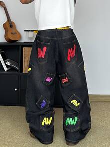 STEELVANCE Streetwear Retro Fashion Versatile Distressed Washed Cat Whisker Multi-Pocket Print Design Loose Straight Wide Leg Casual Denim Jeans (Belt And Accessories Not Included) - Black - View 6