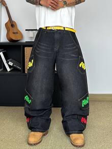 STEELVANCE Streetwear Retro Fashion Versatile Distressed Washed Cat Whisker Multi-Pocket Print Design Loose Straight Wide Leg Casual Denim Jeans (Belt And Accessories Not Included) - Black - View 3