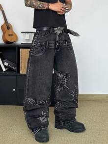 STEELVANCE 男士街頭風刺繡直筒休閒牛仔褲（不含腰帶與配件） - 黑色 - 查看 4
