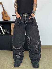 STEELVANCE 男士街頭風刺繡直筒休閒牛仔褲（不含腰帶與配件） - 黑色 - 查看 3