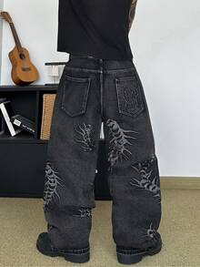 STEELVANCE 男士街頭風刺繡直筒休閒牛仔褲（不含腰帶與配件） - 黑色 - 查看 2