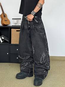 STEELVANCE 男士街頭風刺繡直筒休閒牛仔褲（不含腰帶與配件） - 黑色 - 查看 5