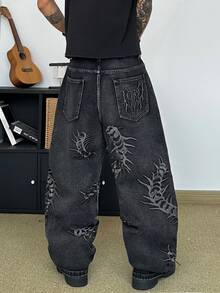 STEELVANCE 男士街頭風刺繡直筒休閒牛仔褲（不含腰帶與配件） - 黑色 - 查看 6