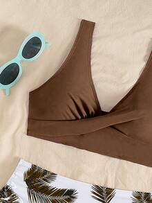 Swim Lushoire Conjunto de bikini de cintura alta con estampado tropical y cordón lateral - Marrón - Ver 3