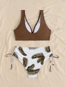 Swim Lushoire Conjunto de bikini de cintura alta con estampado tropical y cordón lateral - Marrón - Ver 6