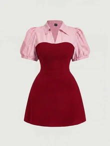SHEIN MOD Plus Size Blue And White Striped Patchwork Black Elegant Commuter 2 In 1 Suit Dress Back-To-School Formal Graduation Red And White Summer Casual - Burgundy - View 5