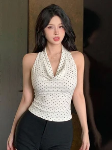 DAZY 女款春夏白色黑波點垂領細肩帶短版背心，適合婚禮、夜晚外出、休閒性感度假海灘風 Y2K - 米色 - 查看 4