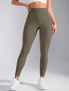 SHEIN Sports 女款休閒百搭修身運動緊身褲 - 卡其色 - 查看 4