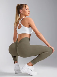 SHEIN Sports 女款休閒百搭修身運動緊身褲 - 卡其色 - 查看 3