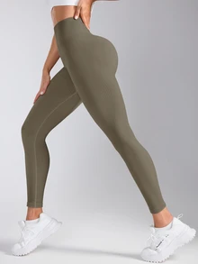 SHEIN Sports 女款休閒百搭修身運動緊身褲 - 卡其色 - 查看 5