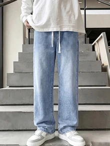 SHEIN Tween Boy Drawstring Waist Straight Leg Jeans - Medium Wash - View 3