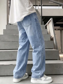 SHEIN Tween Boy Drawstring Waist Straight Leg Jeans - Medium Wash - View 2