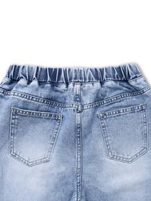 SHEIN Tween Boy Drawstring Waist Straight Leg Jeans - Medium Wash - View 8