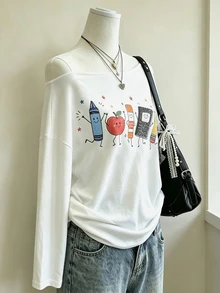Lalippa 女款不對稱肩卡通印花長袖上衣，適合週末外出 - 白色 - 查看 3