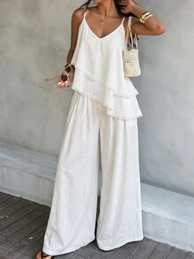 Livesso Women's 2 Pieces Set: Cotton Collared Short Sleeve White Solid Color Button Loose Top And Wide Leg Shorts - White - View 6