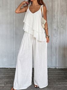 Livesso Women's 2 Pieces Set: Cotton Collared Short Sleeve White Solid Color Button Loose Top And Wide Leg Shorts - White - View 3