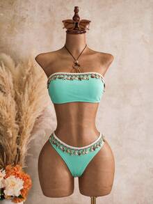 Swim SXY 女士露背镂空后背交叉带贝壳和条纹印花分体式泳衣套装，Springbreak - 薄荷藍 - 查看 6