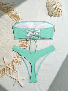 Swim SXY 女士露背镂空后背交叉带贝壳和条纹印花分体式泳衣套装，Springbreak - 薄荷藍 - 查看 9
