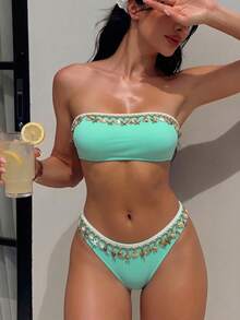 Swim SXY 女士露背镂空后背交叉带贝壳和条纹印花分体式泳衣套装，Springbreak - 薄荷藍 - 查看 3